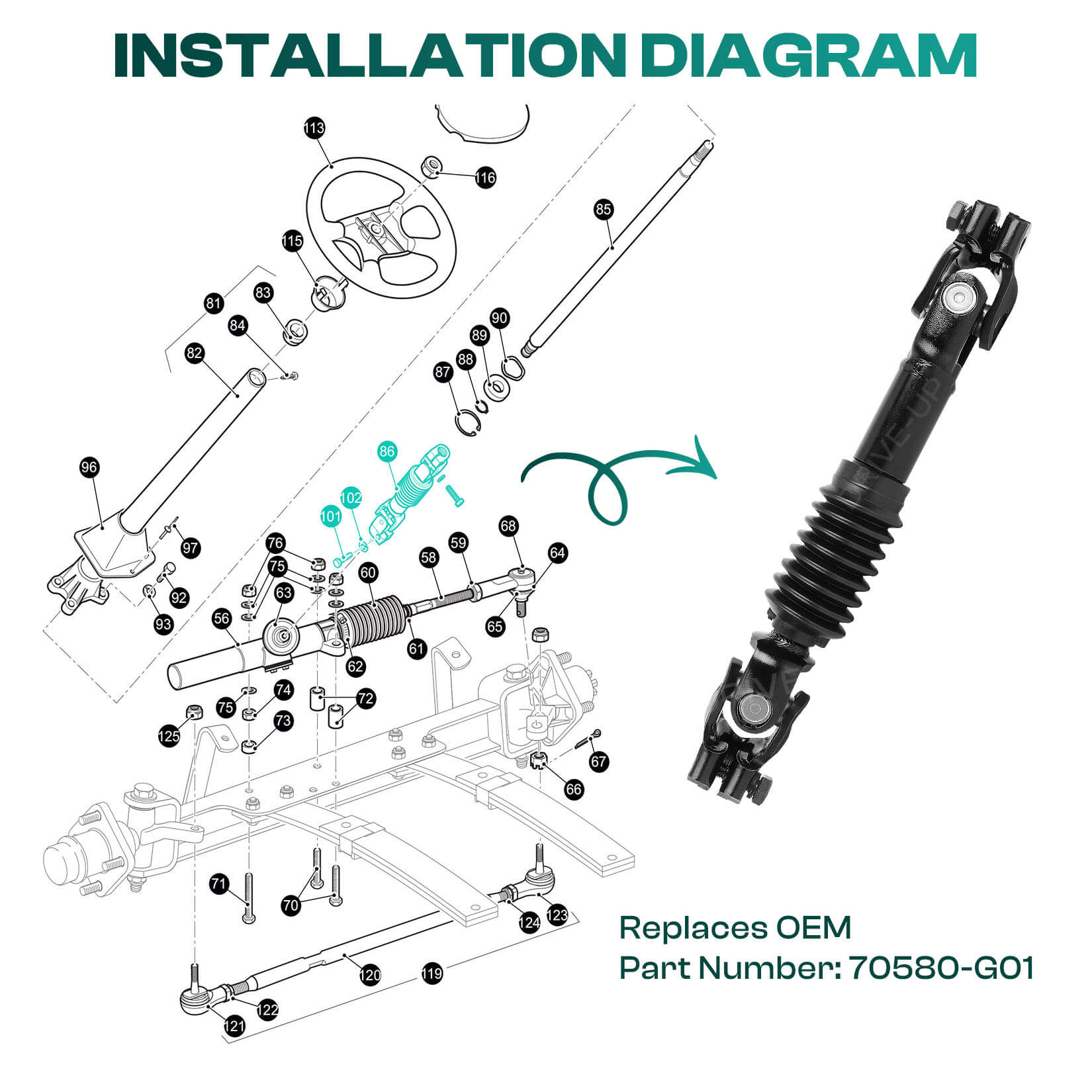EZGO Intermediate Steering Shaft for TXT 2001-Up Models - OEM 70580-G01 | Drive-up
