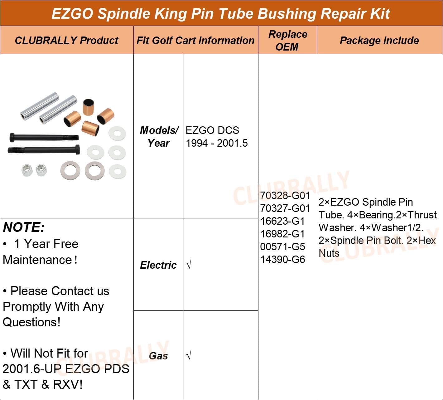 Golf Cart Spindle King Pin Tube Bushing Repair Kit with Claw Copper Sleeve, Fits EZGO DCS G&E 1994 to 2001.5, OEM #70328-G01, 70327-G01, 16623-G1