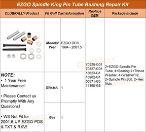Golf Cart Spindle King Pin Tube Bushing Repair Kit with Claw Copper Sleeve, Fits EZGO DCS G&E 1994 to 2001.5, OEM #70328-G01, 70327-G01, 16623-G1