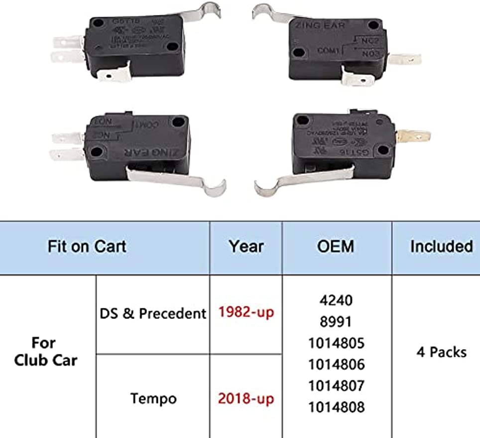 Drive-up 4 Pack Micro Switch 2&3 Prong Fit Club Car DS & Precedent Car Golf OEM 1014807 1014808